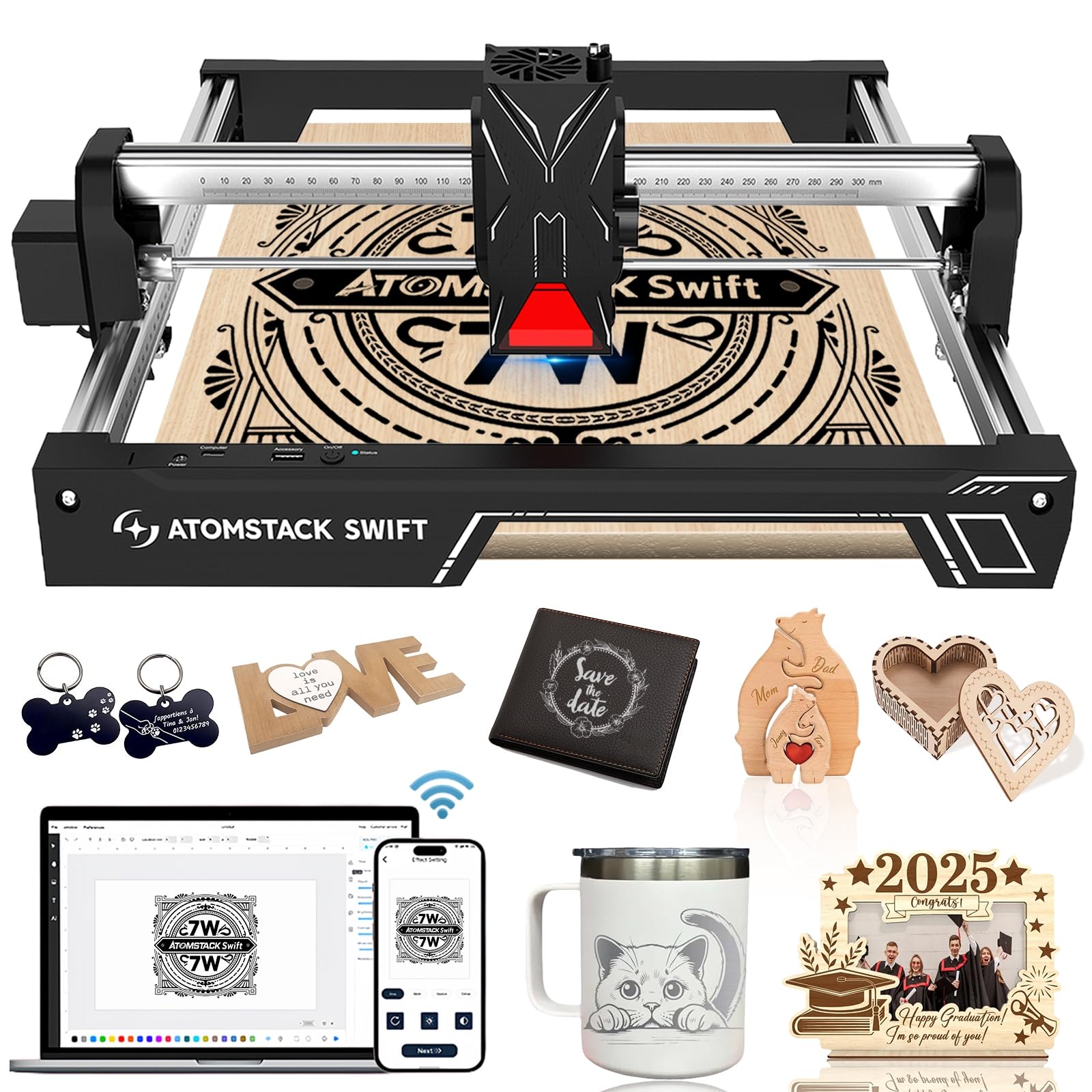 ATOMSTACK Swift Laser Engraver for Beginners, 7000mW Output Laser Cutter, Laser Class 4, 300Ã—300mm Working Area, 0.08mm Accuacy Engraving Machine for Wood, Leather, Coated Metal, Acrylic (Swift 7W)