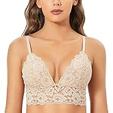 DOBREVA Women's Lace Padded Bralette Plunge Wireless Longline Bra for A to D Cups