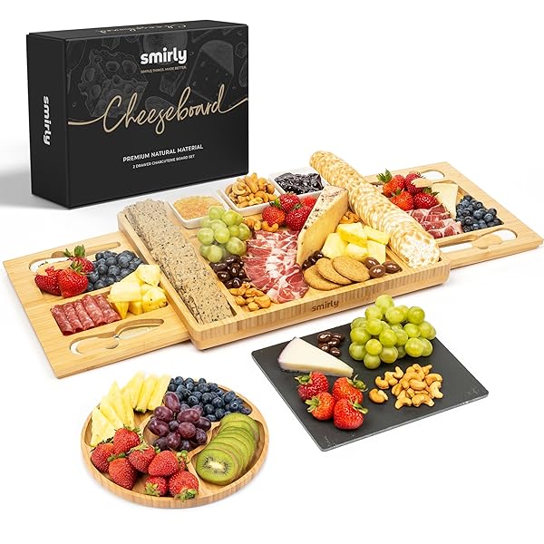 SMIRLY CHARCUTERIE BOARD SET – LARGE BAMBOO CHEESE BOARD FOR SERVING – HOUSE WARMING GIFTS NEW HOME, WEDDING & BRIDAL SHOWER GIFT, BIRTHDAY GIFT FOR WOMEN