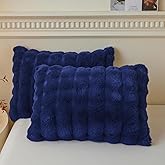LIFEREVO 2 Pack Fluffy Faux Rabbit Fur Pillow Cases, Luxury Soft Plush Shaggy Bubble Pillowcases Standard Size with Zipper Closure, Furry Fuzzy Pillow Shams for Bedroom Living Room 20x26, Navy Blue