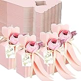 TaoBary 50 Pcs Wedding Favor Boxes Pink Party Favor Box with Ribbon and Flower DIY Chocolate Candy Gift Treat Bags for Engagement Bridal Baby Shower Birthday Anniversary Party Decorations