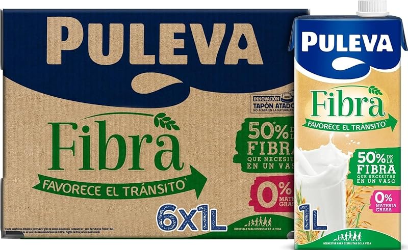 - Leche Puleva con Fibra de Achicoria y Avena, Bebida Láctea, Favorece el Tránsito Intestinal y Digestión, Calcio y Vitaminas, 50% Fibra Diaria por Vaso, Pack 6 x 1 Litro