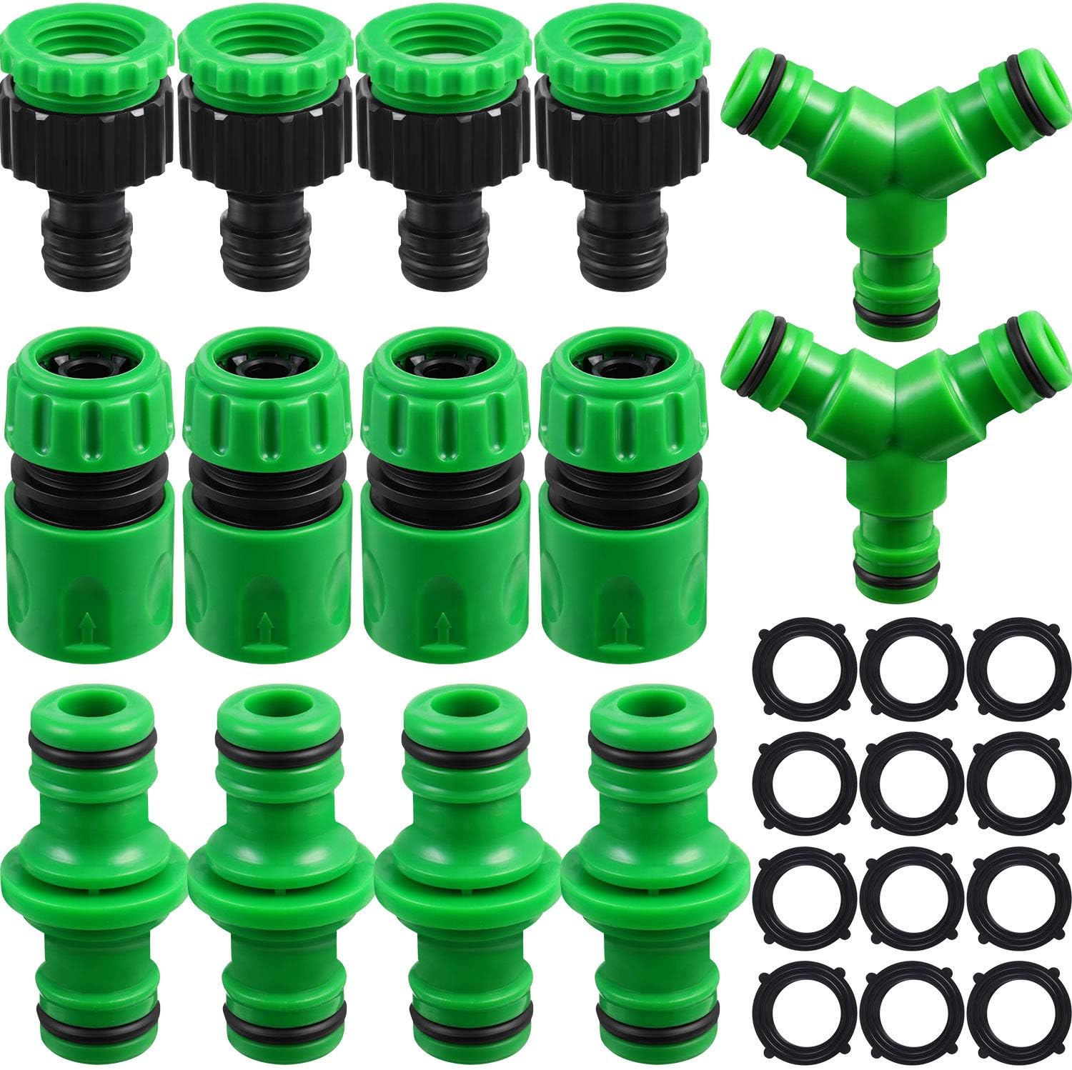 Garden Hose Tap Connector Kit Hose Connector Fitting Set Including 4 Hose End Quick Connector, 4 Double Male Hose Connector, 4 1/2 Inch to 3/4 Inch Hose Tap Connector 2 Hose Tee Fitting and 12 Gasket