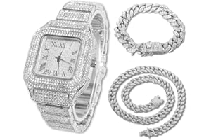 Halukakah Men’s Watch - The King - 18K Gold/Platinum Plated, 40MM Square Dial, Iced Out Wristband, with Cuban Link Chain Necklace and Bracelet Set Optional, Comes in Giftbox
