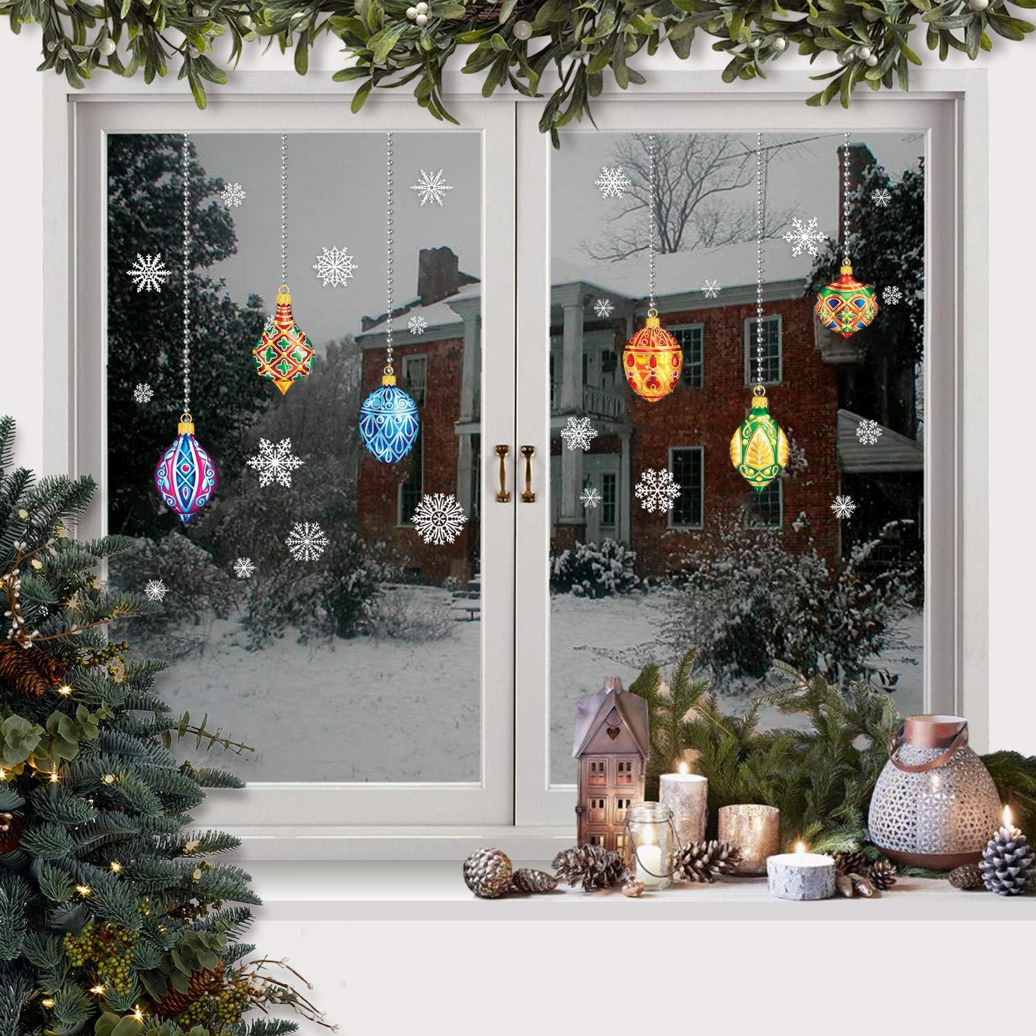 Pack of 2 Sheets of Double Sided Victorian Christmas Stained Glass Bauble Snowflake Window Stickers Cling