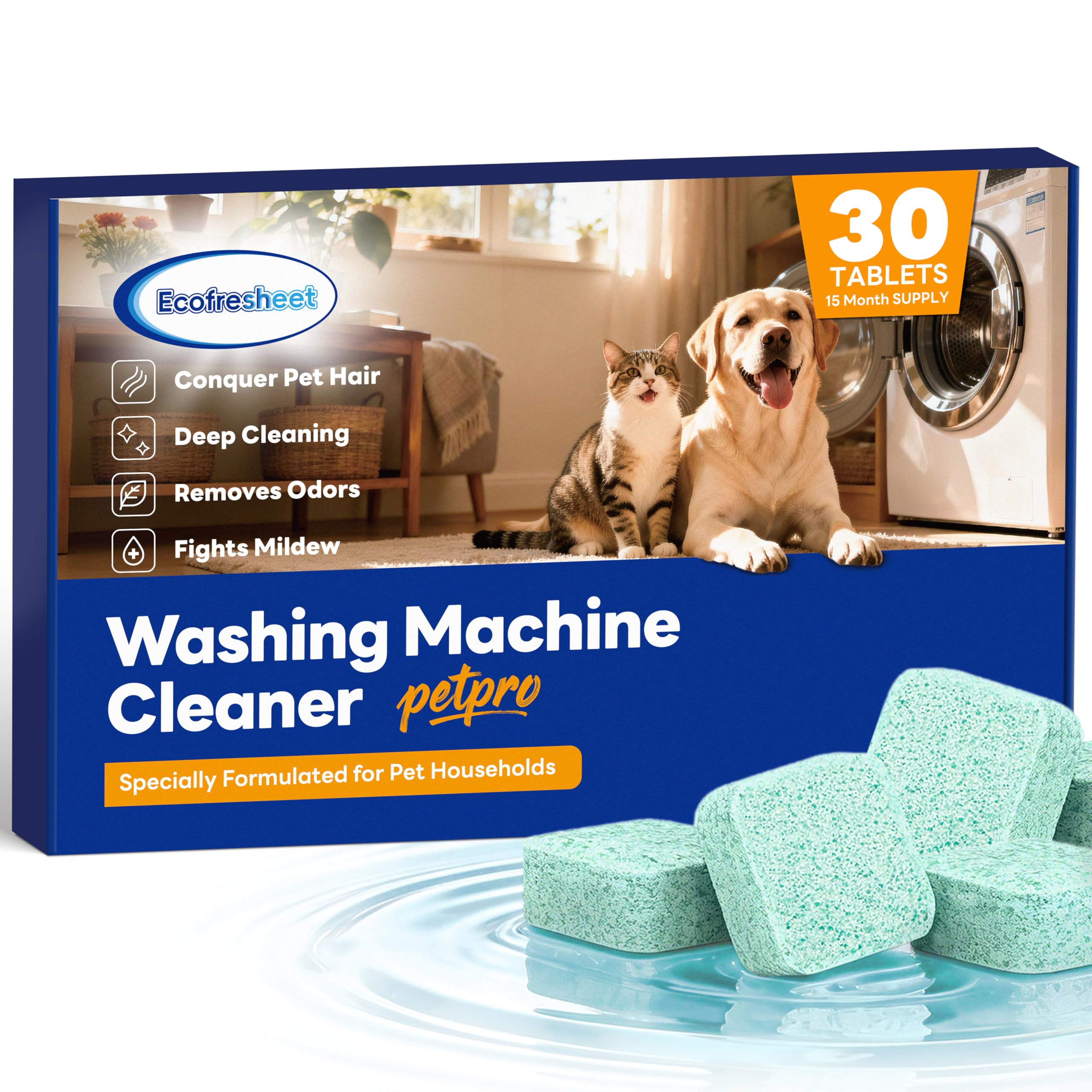 Ecofresheet Waschmaschinen Reiniger PetPro – 30 Tabletten | Tiefenreinigungs-Formel gegen Tierhaare & Gerüche | Löst Rückstände & Ablagerungen | Für frische und langlebige Waschmaschinen