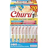INABA Churu Cat Treats, Lickable, Squeezable Creamy Pur&eacute;e Cat Treat with Green Tea Extract &amp; Taurine, 0.5 Ounces Each Tube, 20 Tubes, Tuna &amp; Seafood Variety Box