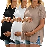 Neer 3 Pack Women's Waffle Maternity Shirts, Drop Shoulder Short Sleeve Split Side Pregnancy Tops Crewneck Loose Basic Tee