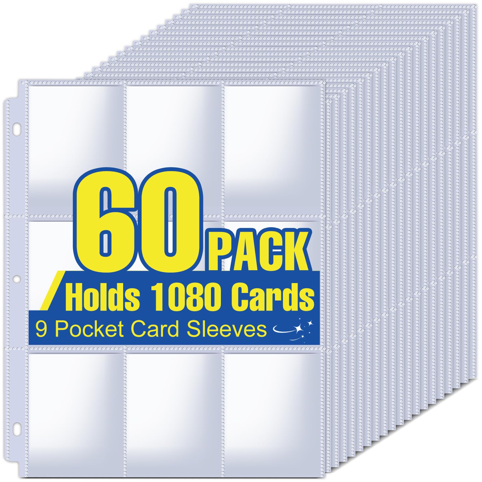 Photo 1 of 1080 Pockets Card Sleeves Binder Sheets, 9 Pocket Card Sleeves for 3 Ring Binder, Trading Cards Sleeves Fit for Baseball, Football, Game, Business Cards(60 Pages)