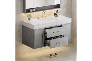 DWVO 40 Inch Grey Floating Bathroom Vanity Wall Mounted Bathroom Vanity with White Quartz Stone Countertop and Ceramic Basin Sink Bathroom Cabinet with 2 Drawers and 2 Storage Cabinets