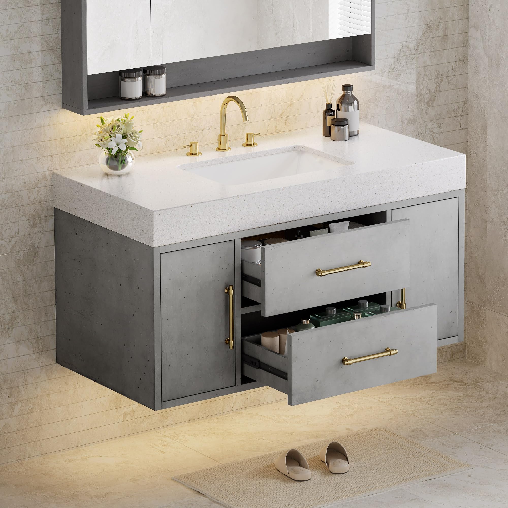 Photo 1 of DWVO 40 Inch Grey Floating Bathroom Vanity Wall Mounted Bathroom Vanity with White Quartz Stone Countertop and Ceramic Basin Sink Bathroom Cabinet with 2 Drawers and 2 Storage Cabinets