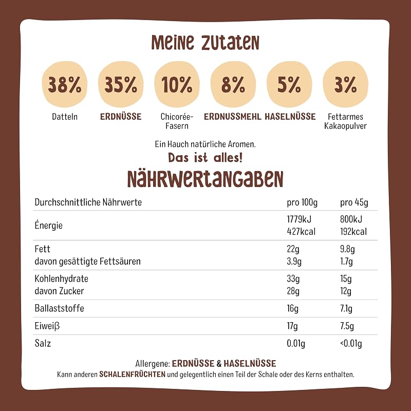 Nākd. Protein Kakao Haselnuss | Kaltgepresste Riegel | 16 x 45g (720g)
