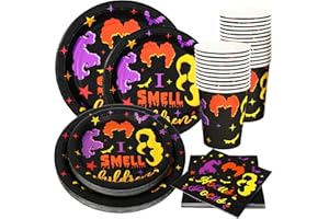 Whaline 100Pcs Halloween Tableware Set Hocus Pocus Disposable Dinnerware Set 50Pcs Paper Plates 25Pcs Napkin 25Pcs Cups for Halloween Party Witch Theme Party Supplies Table Decorations