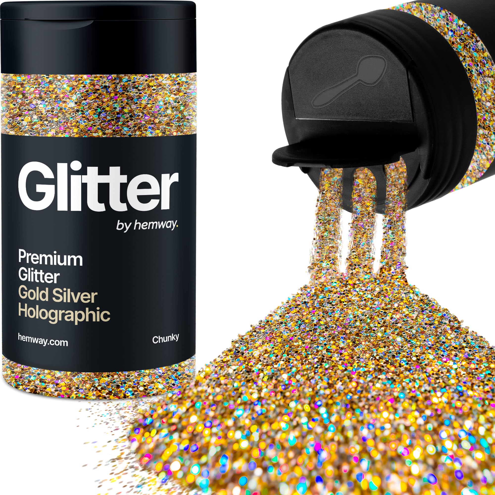Holographic Gold Silver Glitter Shaker, 130g Chunky Glitter, Crafts 1/40" Metallic Flake Gold Gold Silver Sequins, Resin & Epoxy Crafts, Decorating, Halloween, Christmas Nail, Face, Hemway