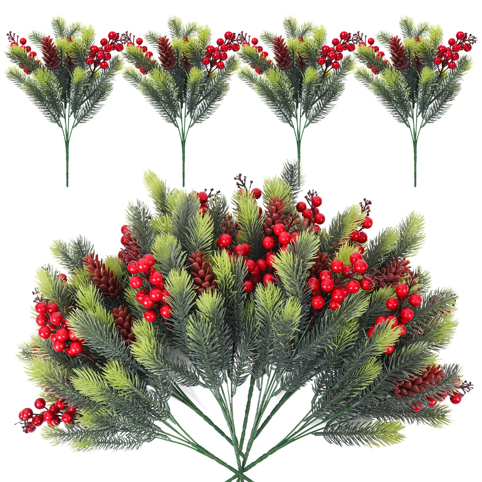 RECUTMS 8 Pcs Christmas Garland Artificial Pine Picks Fake Branches Christmas Picks with Pines Cones Faux Holly Berries Artificial Foliage Red Pine Stems for Christmas Decorations（Light Green）