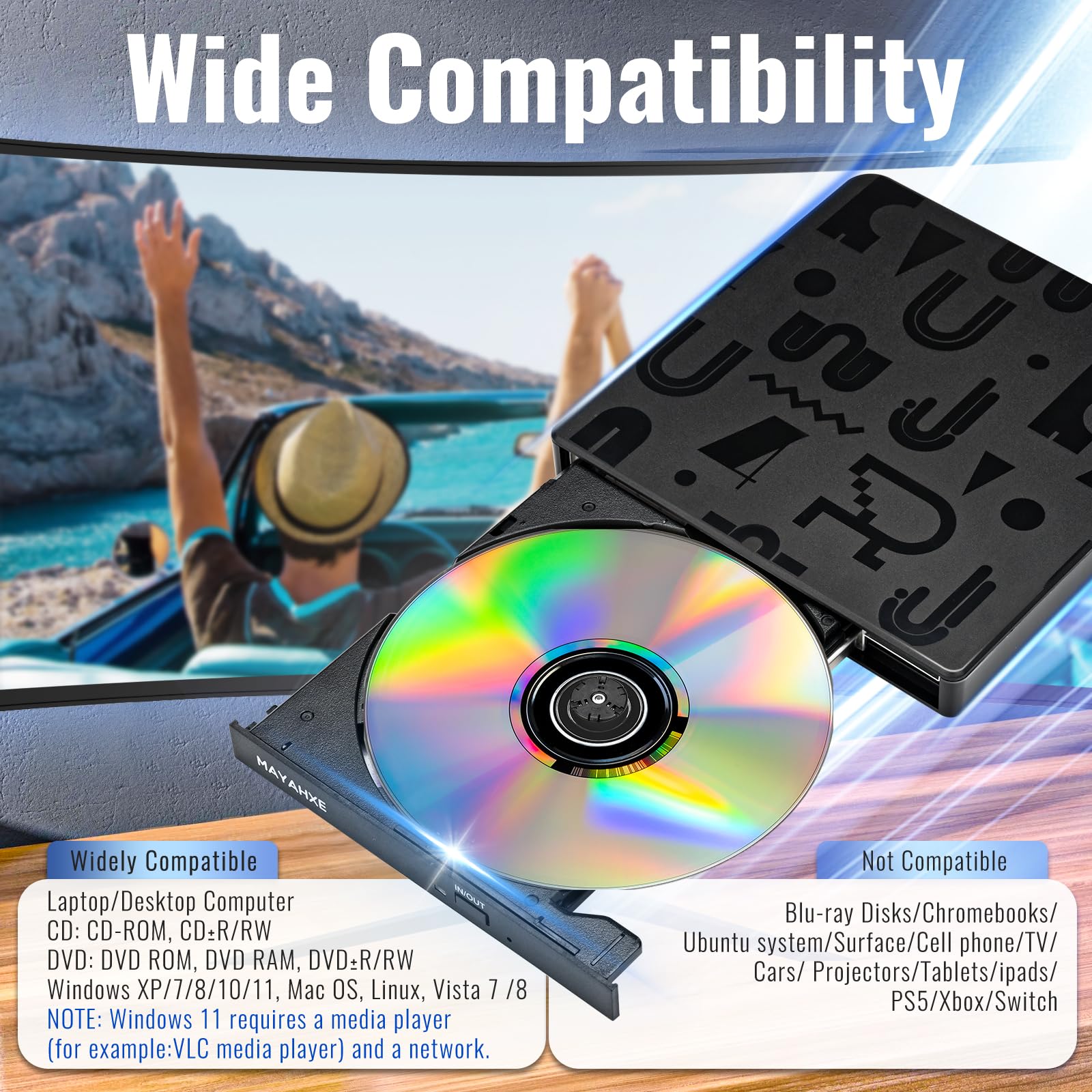 External CD DVD Drive, USB 3.0 Type C CD/DVD Burner Portable DVD+/-RW CD Player for Laptop PC Desktop iMac MacBook Pro/Air Windows XP/7/8/10/11 Mac OS Linux Vista7/8