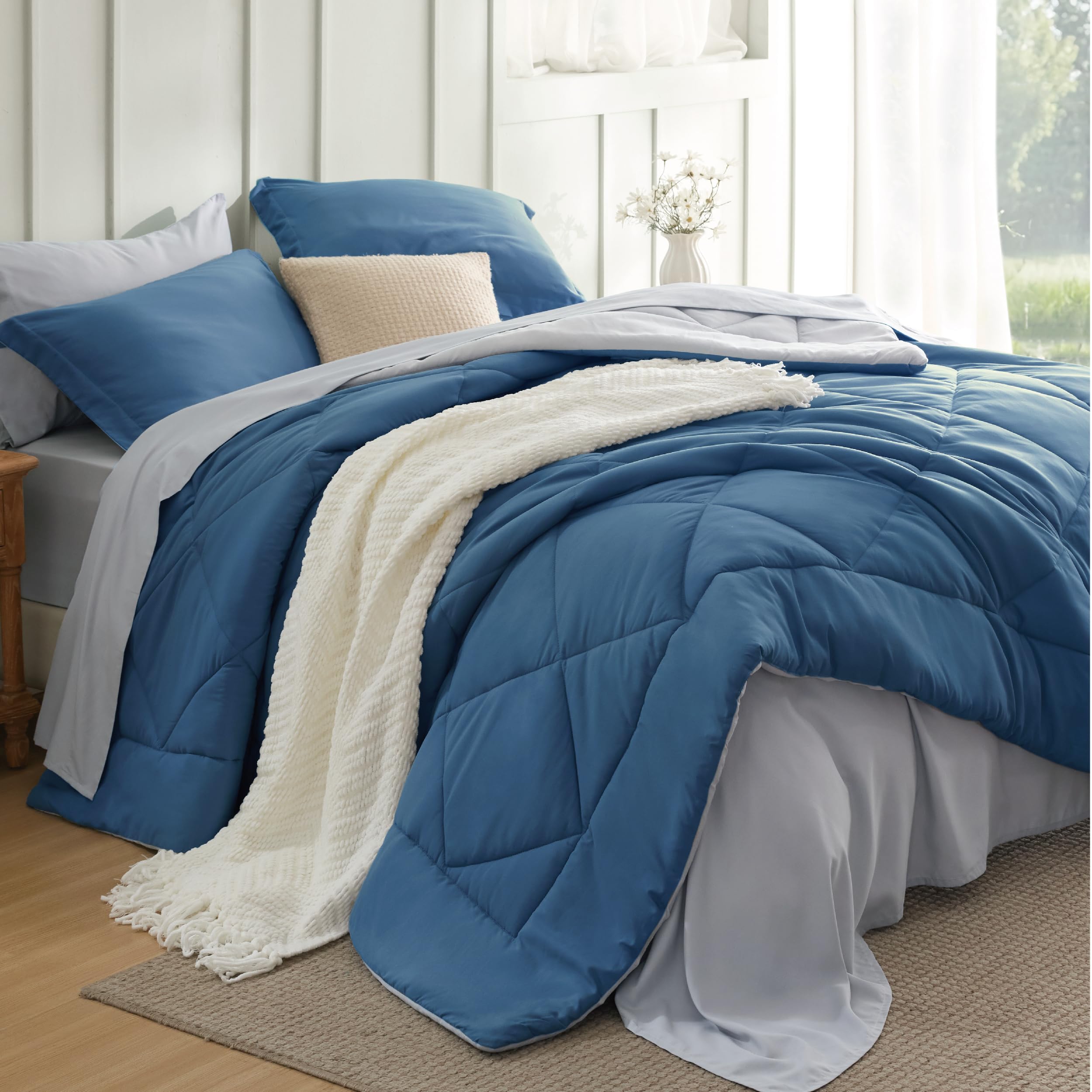 Bedsure Twin XL Comforter Set - 5 Pieces Reversible Slate Blue Bedding, Twin XL Size Bed Set for All Seasons, Bed in a Bag with Down Alternative Comforter, Sheets, Pillowcase & Sham