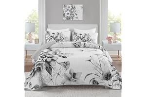 DRUCON Floral Quilt Set King 3 Pieces Grey Floral Quilt Coverlet Set Soft Microfiber Lightweight White Quilted Bedspread for All Season 104"x90"