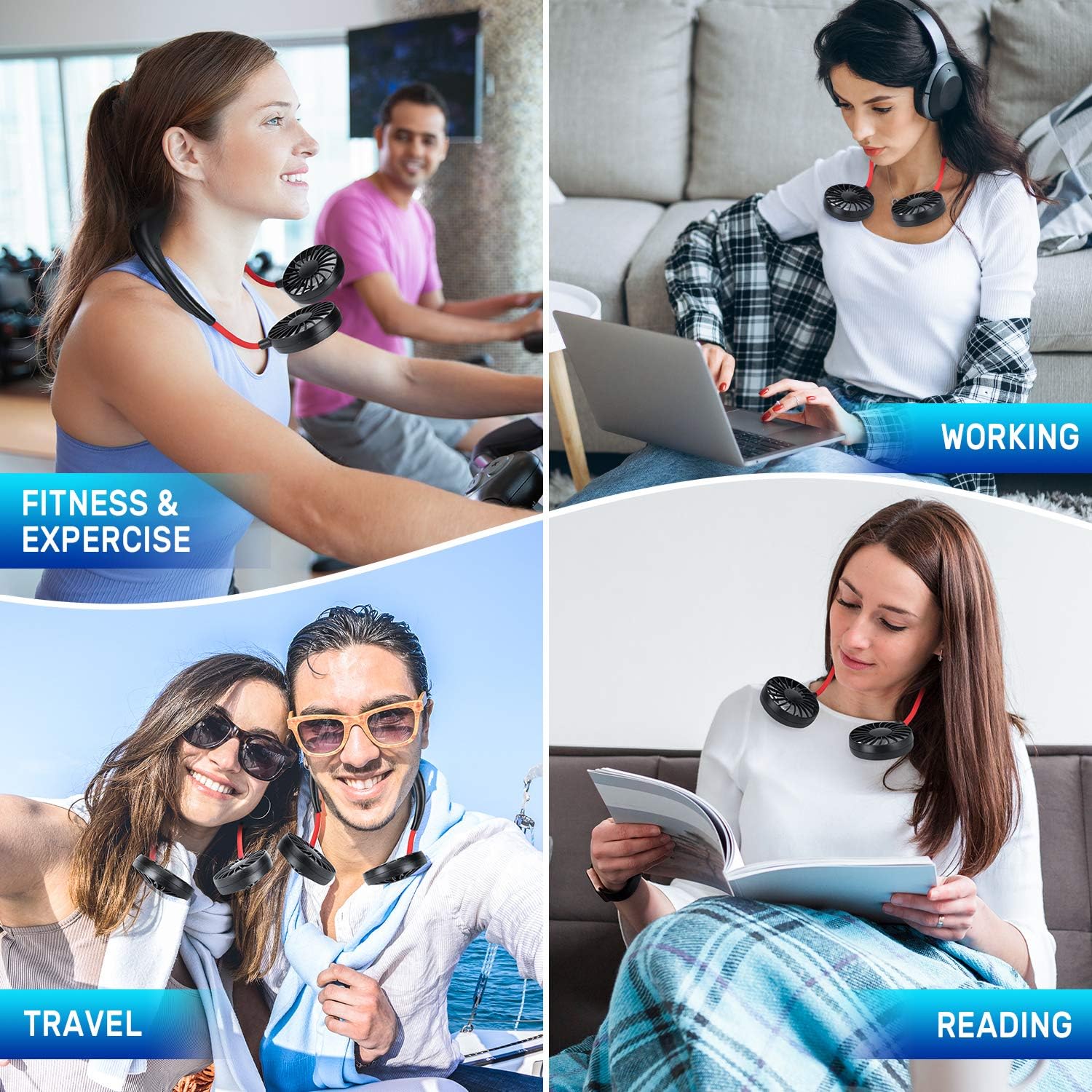 Portable Neck Fan, Hand Free Personal Mini Fans USB Rechargeable,360 Degree Free Rotation for Traveling, Sports, Office, Reading (3 Speed Adjustable, Headphone Design) Wearable Neckband Cooler (Black): Sports & Outdoors