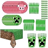 Pixel Birthday Party Decorations, Pixel Game Party Supplies Include Tablecloth, Plates, Paper Cups, Straws, Knives and Forks 