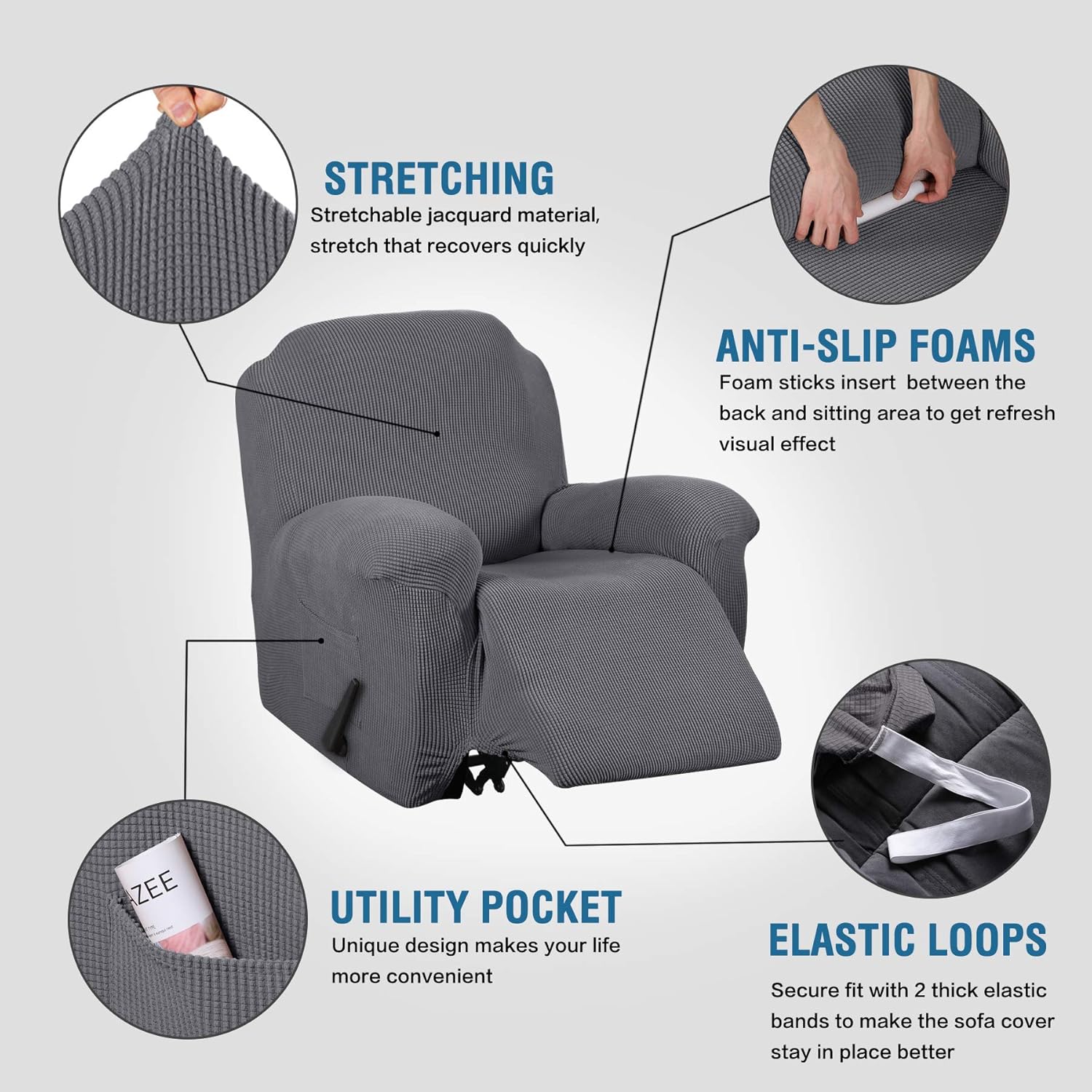 Stretch Recliner Slipcovers 1-Piece Durable Soft High Stretch Jacquard Sofa Furniture Cover Form Fit Stretch Stylish Recliner Cover/Protector (Recliner, Gray): Kitchen & Dining