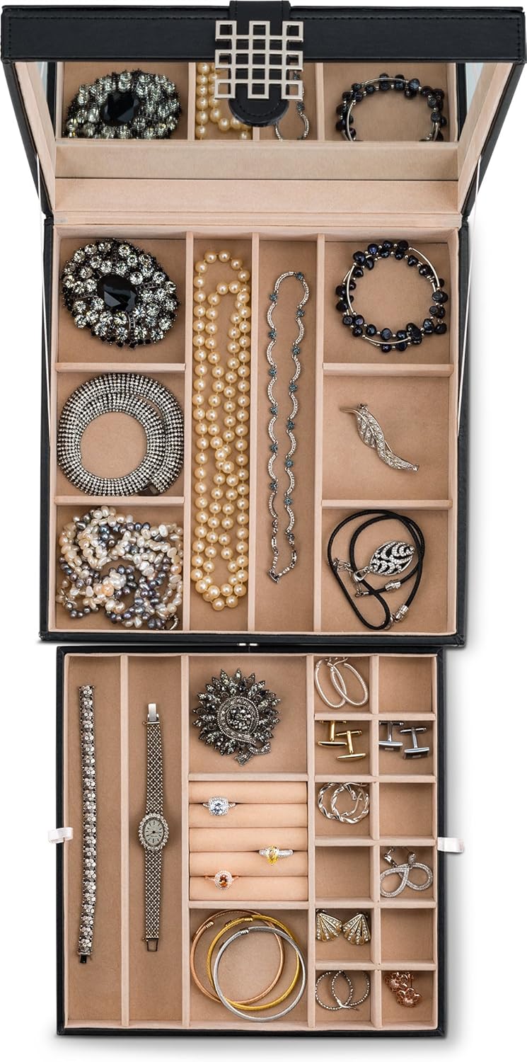 Glenor Co 28 Section Jewelry Box - 2 Layer - Buckle Snap & Magnet Closure - Large Mirror - Leather Design - Black - Jewelry Organizer for Women & Girls - Holder for Earring Ring Necklace & Bracelet: Home & Kitchen