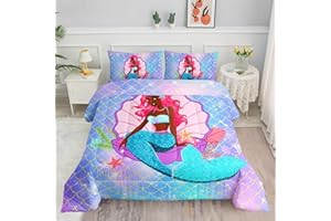 Datura home Bedding Comforter Set Black Girl Magic Mermaid Printed Pattern Quilt with 1 and 2 Pillowcases for Girls Bedroom All Season(Black Blue Twin) Twin 68x86inches