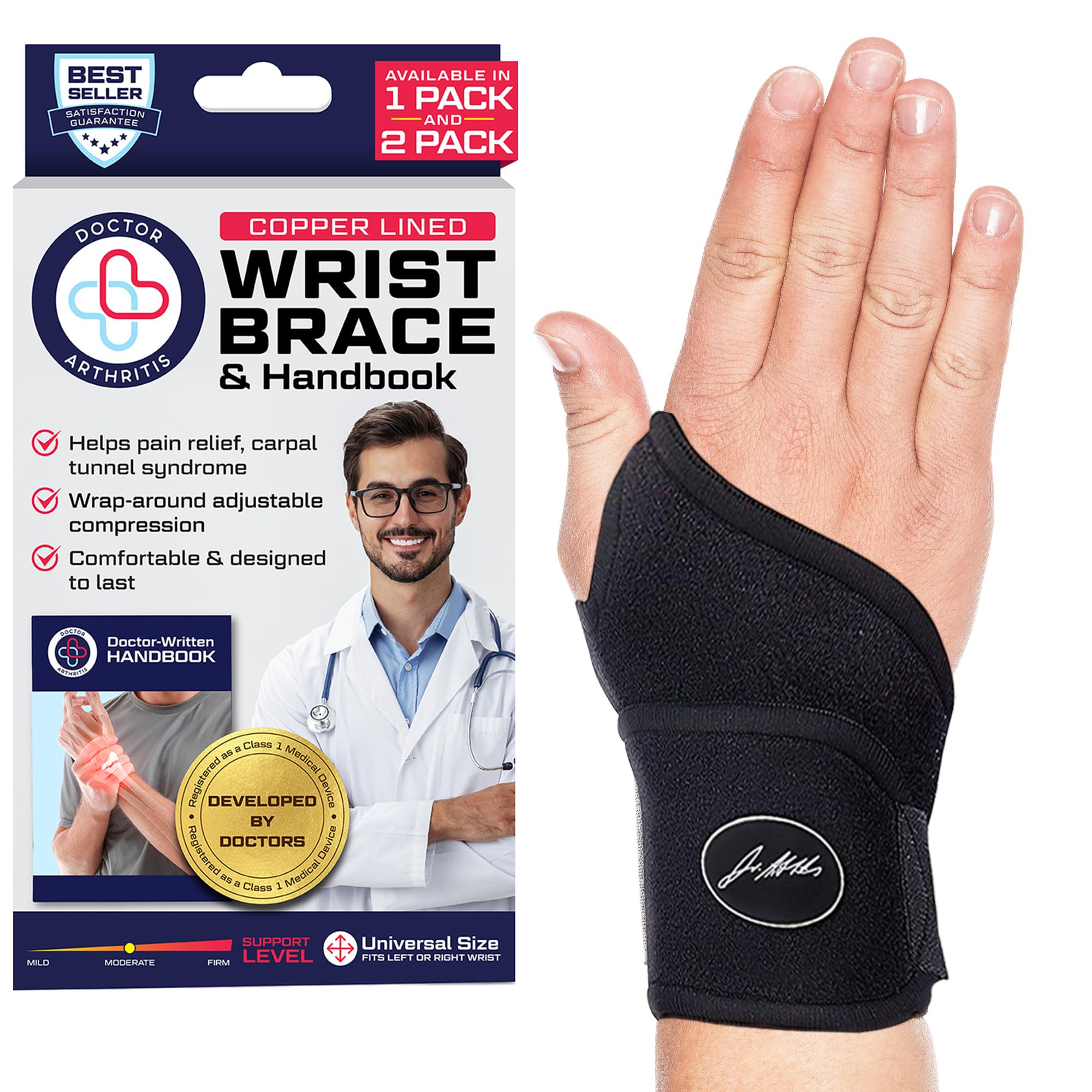 Doctor Developed Premium Wrist Supports - Neoprene & Nylon Carpal Tunnel Wrist Splint - Hand & Wrist Braces W/Doctor Handbook - Wrist Straps For Women & Men Injuries, Joint Disease, Sprains (single)