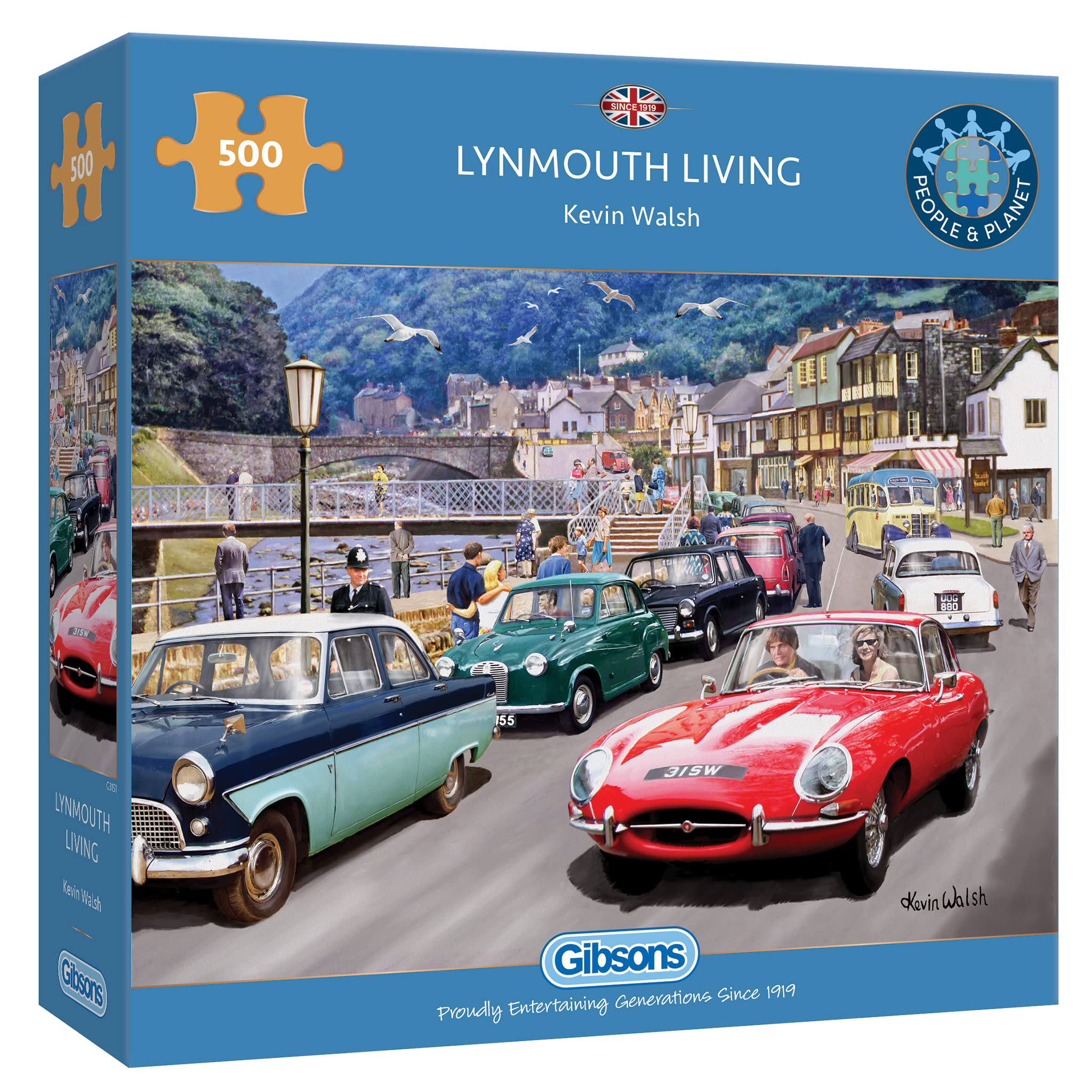 Gibsons Lynmouth Living 500 Piece Jigsaw Puzzle for Adults – Vintage Car Show Scene in Devon by Kevin Walsh – Classic British Motoring Artwork – Premium Sustainable Puzzle Made in the UK/EU