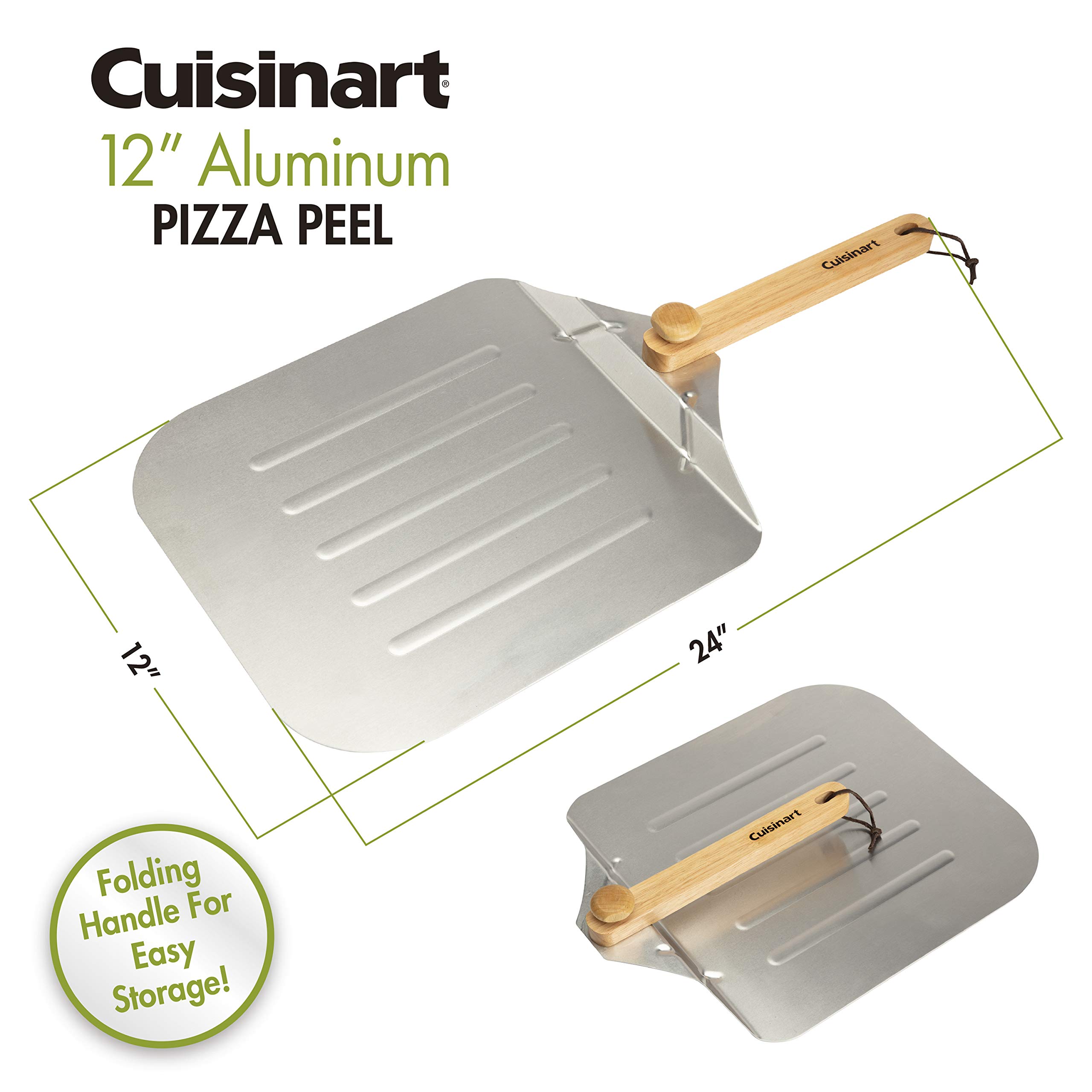 Cuisinart 12” Aluminum Pizza Peel, Lightweight Pizza Spatula with Foldable Wood Handle for Family Pizzas, Dough, Bread, Flatbreads, and More