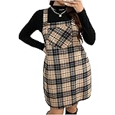 winkbay Women's Plus Size Plaid Mini Pinafore Dress Vintage Square Neck Sleeveless Work Office Dresses