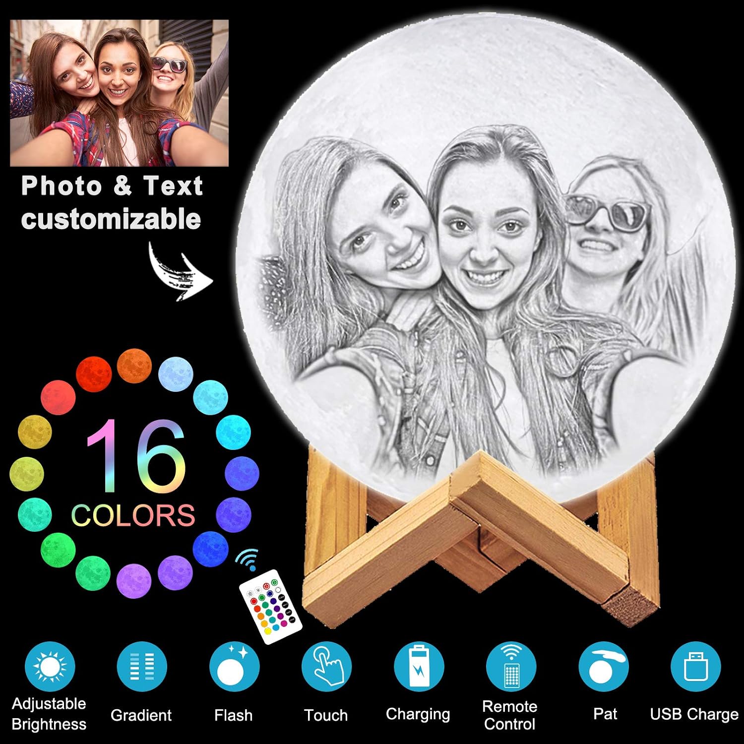 Luna Lampara Personalizada Foto,3D Lampara Luna Soporte,16 Colores