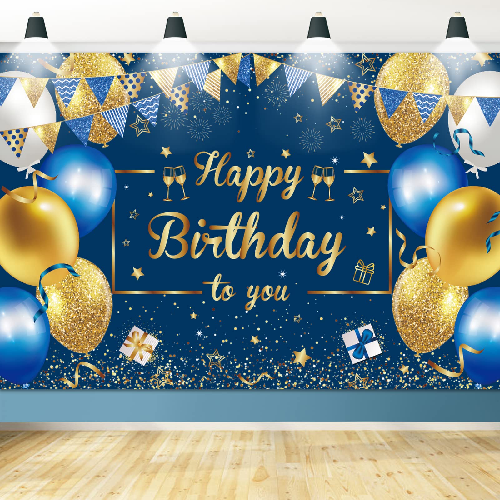 Navy Blue and Gold Happy Birthday Backdrop, Party Decorations Large Banner Photography Background for Women Men Girls Boys