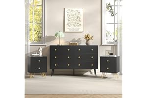 BAZELOR Black 6 Drawer Dresser and Nightstand Sets for Bedroom, 3 Pcs Bedroom Set，Night Stand Set of 2 & 6 Drawer Dresser with Golden Handles, Wood Chest of Drawers Storage Cabinet Set
