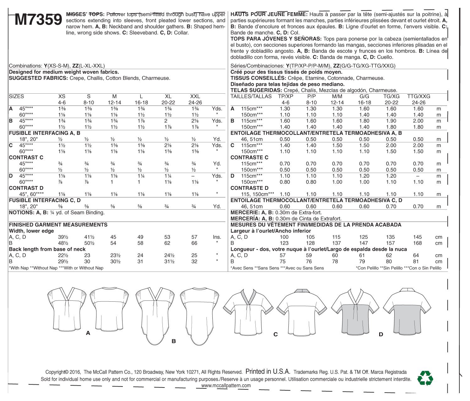 McCall's Patterns M7359 Misses' V-Neck Dolman Sleeve Tops, ZZ (Large-X-Large-XX-Large)