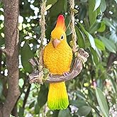 Resin Parrot Hanging Garden Decor Swing Figurine Ornaments, Outdoor Hanging Bird Sculpture Decor Perfect for Patio, Lawn, Gardens, Balconies, Indoor and Outdoor Spaces Yellow & Green Tail