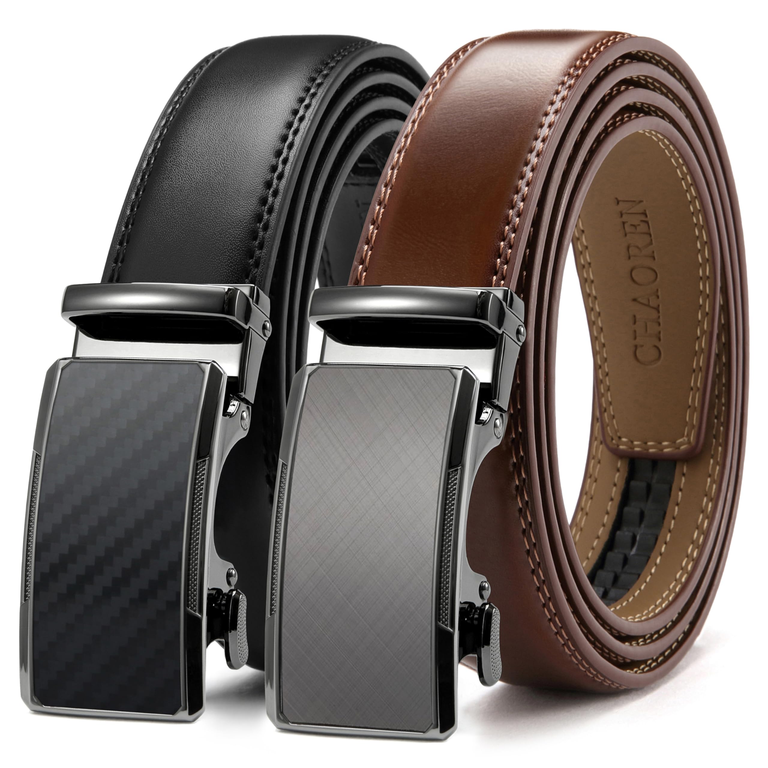 CHAOREN Mens Dress Belt Leather 2 Pack - Mens Ratchet Belt for Dress Shirt and Pants Every Occasion (32mm) Image