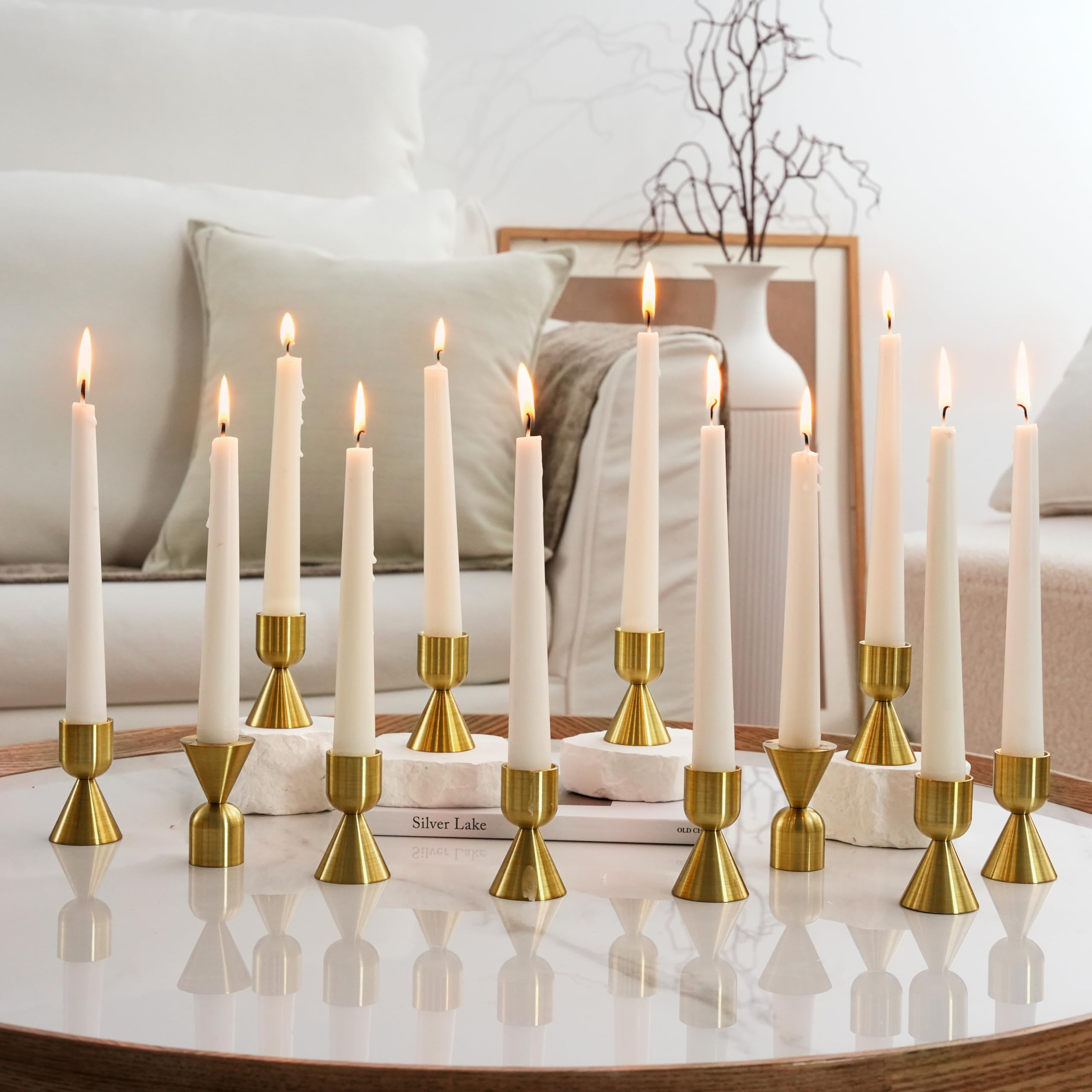 NUPTIO Brass Candlestick Holder Metal: 12 Pcs Bulk Taper Candlesticks Holders for Tapered Candles Gold Small Aluminium Candle Stick Holder Centrepieces Candleholders for Wedding Thanksgiving Decor