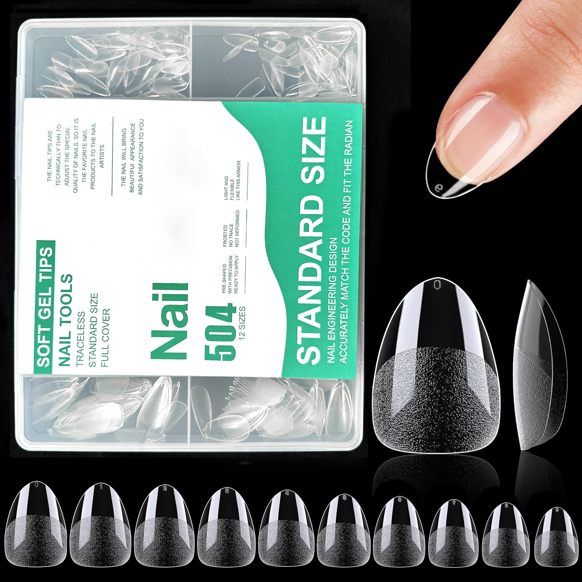 Nail Tips Short Almond,504PCS Soft Gel Full Cover Nail Tips Kit for Nails Extensions,Clear Strong Fake Press on Nails Tips for Manicure Salons Nail Art (504 Short Almond)