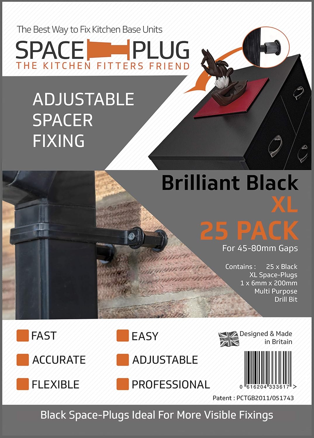 Space-Plug Adjustable Spacer Fixings (XL Size for 45-80mm Gaps), 25 Pack of Black Spacers - Image 3