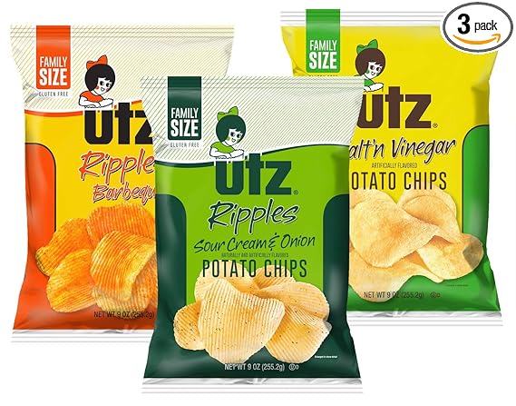 Amazon Com Utz Quality Foods 9 Oz Family Size Variety 3 Pack Potato Chips q Sour Cream Onion Salt Vinegar