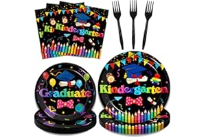 Kepeel 96pcs Kindergarten Graduation Party Plates and Napkins Set, 2024 Pre-K Grad Party Supplies Decorations Kindergarten Disposable Paper Dinnerware Kit for Graduate Party Favor, Serves 24 (Black)