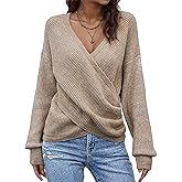 Flamingals Casual Long Sleeve V Neck Solid Ribbed Wrap Drop Shoulder Sweater for Women