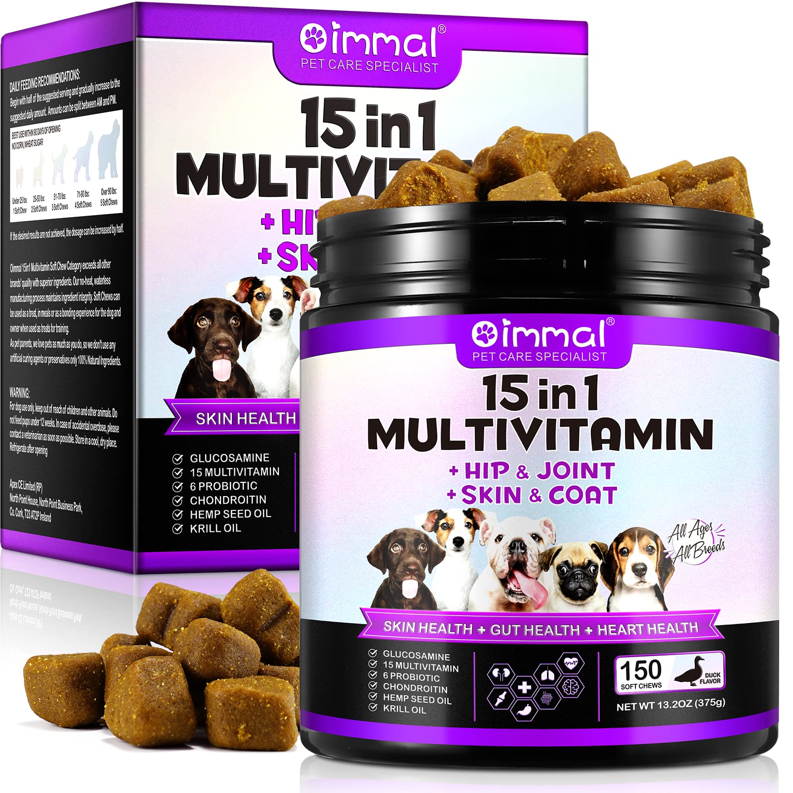 15-in-1 Multivitamin Vitamins Supplements for Dogs Hip and Joint, Skin Coat, Skin Health, Gut Health, Heart Health for Small, Medium and Large Dogs, 150 Chews with Duck Flavour