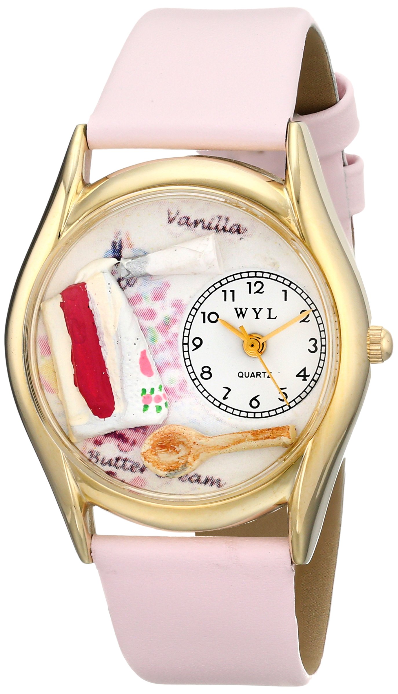 Whimsical Watches Pastries Pink Leather and Goldtone Unisex Quartz Watch with White Dial Analogue Display and Multicolour Leather Strap C-0310009