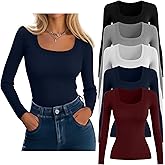 Velvelhall 5 Pack Women's Ribbed Long Sleeve Tops Scoop Neck Cotton Shirts Slim Fit Knit Undershirts Casual Fall Basic Layer