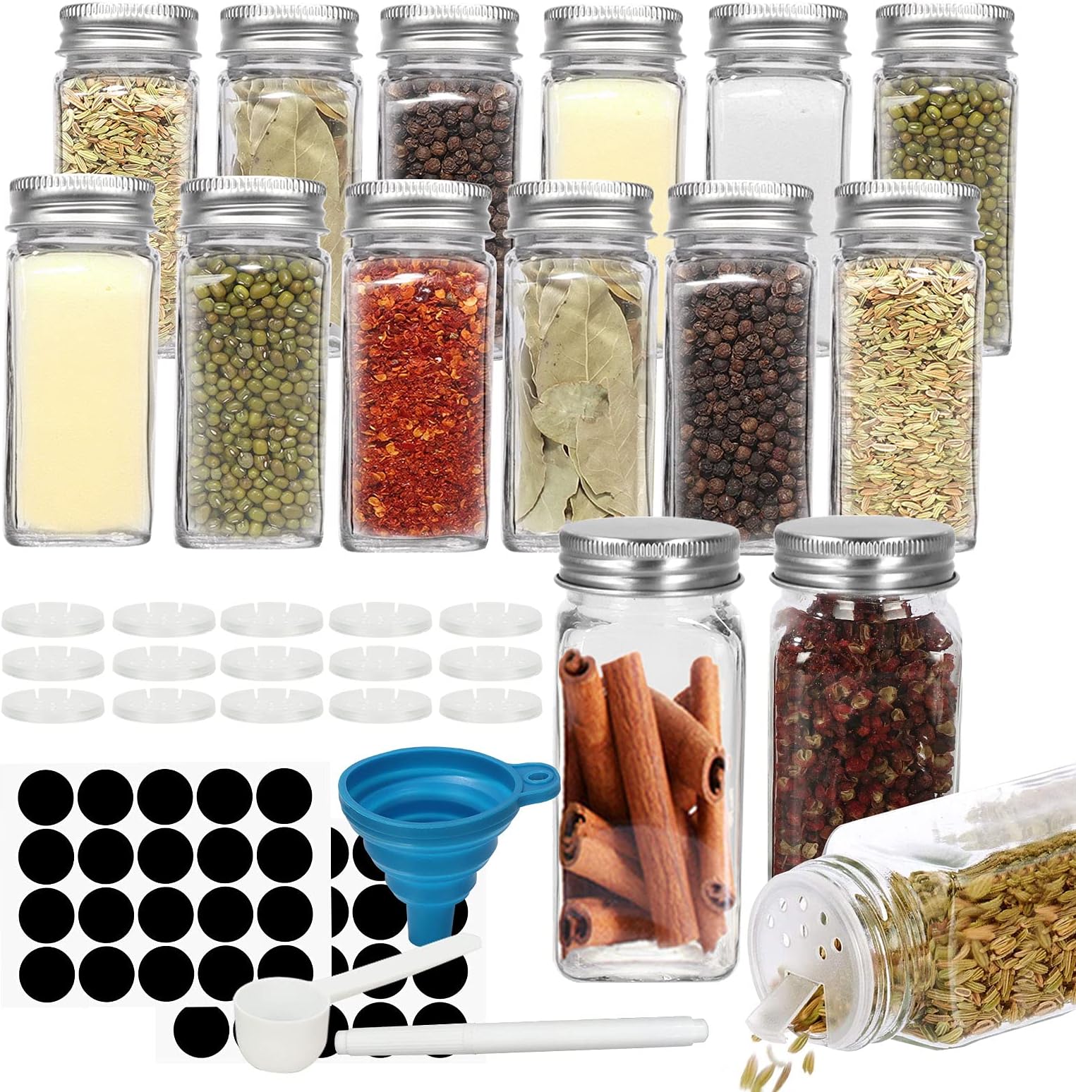 15 Pcs Glass Spice Jars Spice Bottles, 4oz 120ml Empty Square Spice Container Set with Shaker Lids & Airtight Metal Caps