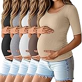 Sweetyweee 5 Pack Women's Cotton Ribbed Maternity Shirts Bulk, Half Sleeve Scoop Neck Multipack Side Ruched Pregnancy Tees