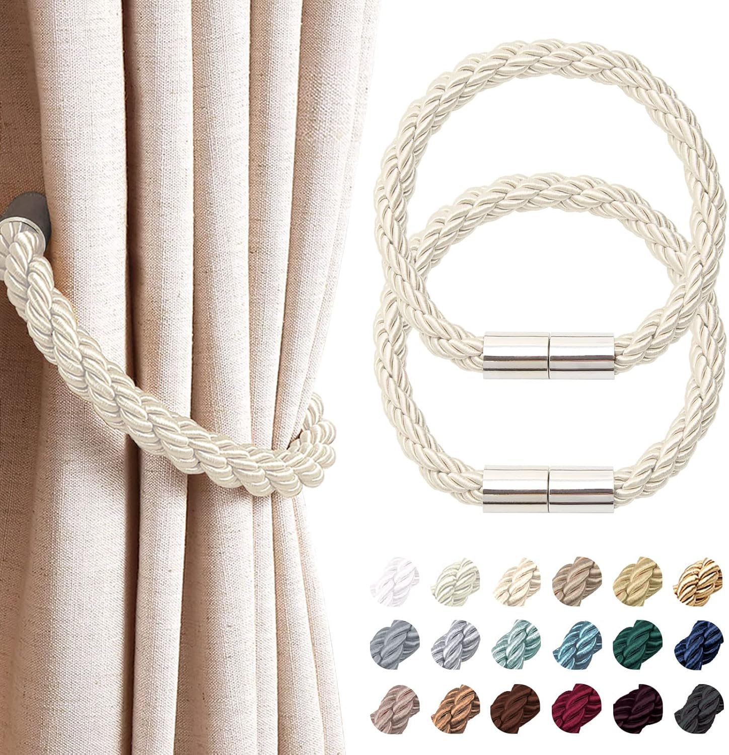 Window Treatment Hardware - NICEEC 2 Pack Strong Magnetic Curtain Tiebacks Modern Simple Style Drape Tie Backs Convenient Decorative Weave Rope Curtain Holdbacks for Thin or Thick Home & Office Window Draperies (Beige)