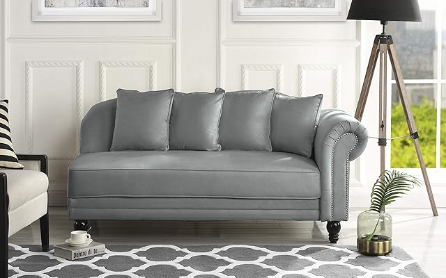 Sofamania Large Classic Velvet Fabric Chaise Lounge with Nailhead Trim
